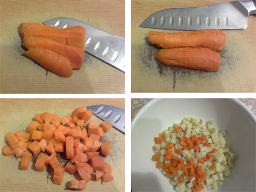 Порежьте кубиками морковку для оливье